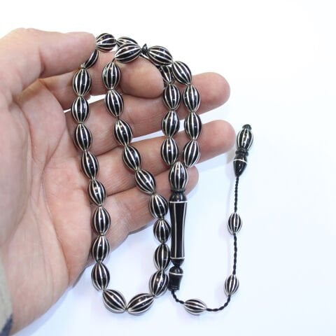 Sistemli 12 li Karpuz İşleme Oltu Taşı Tespih 8*12 (mm)