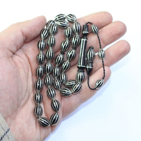 Sistemli 12 li Karpuz İşleme Oltu Taşı Tespih 8*12 (mm)