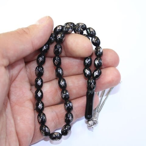 Baklava İşlemeli Oltu Taşı Tespih 6,5*9 (mm)