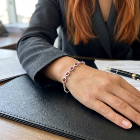 Kırmızı Oval Zirkon Taşlı Gümüş Bileklik