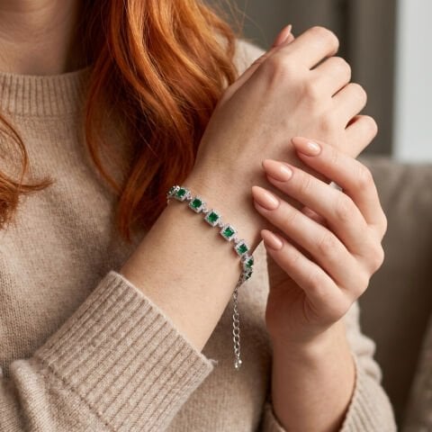 Zirkon Taşlı Gümüş Yeşil Bileklik