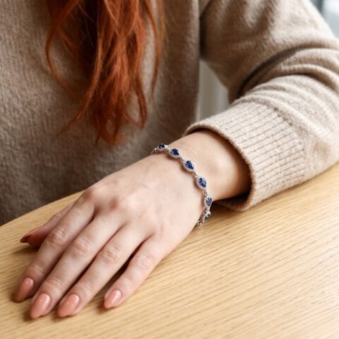 Lacivert Zirkon Taşlı Gümüş Damla Model Bileklik