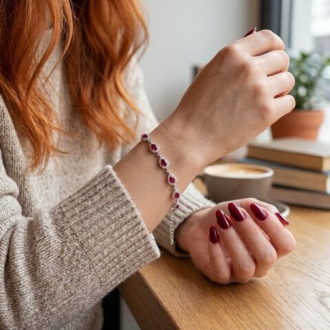 Fuşya Zirkon Taşlı Gümüş Damla Model Bileklik