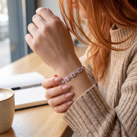 Pembe Zirkon Taşlı Gümüş Dikdörtgen Model Bileklik