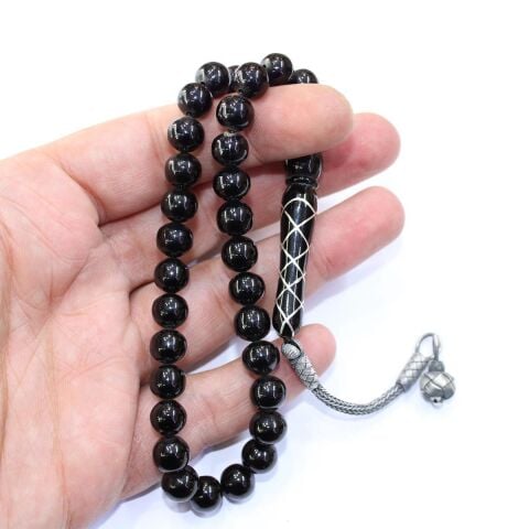 Sarmal İşleme İmameli Oltu Taşı Tespih 8,5 (mm)