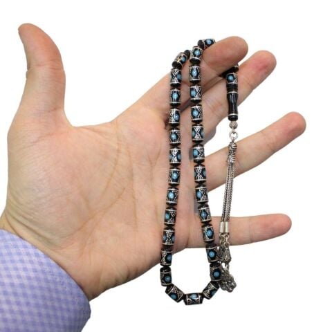 Firuze İşlemeli Oltu Taşı Tespih Kapsül 7*11 (mm)