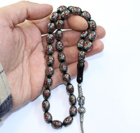 Mercan Yoğun Gümüş İşlemeli Oltu Taşı Tespih 9*12,5 (mm)