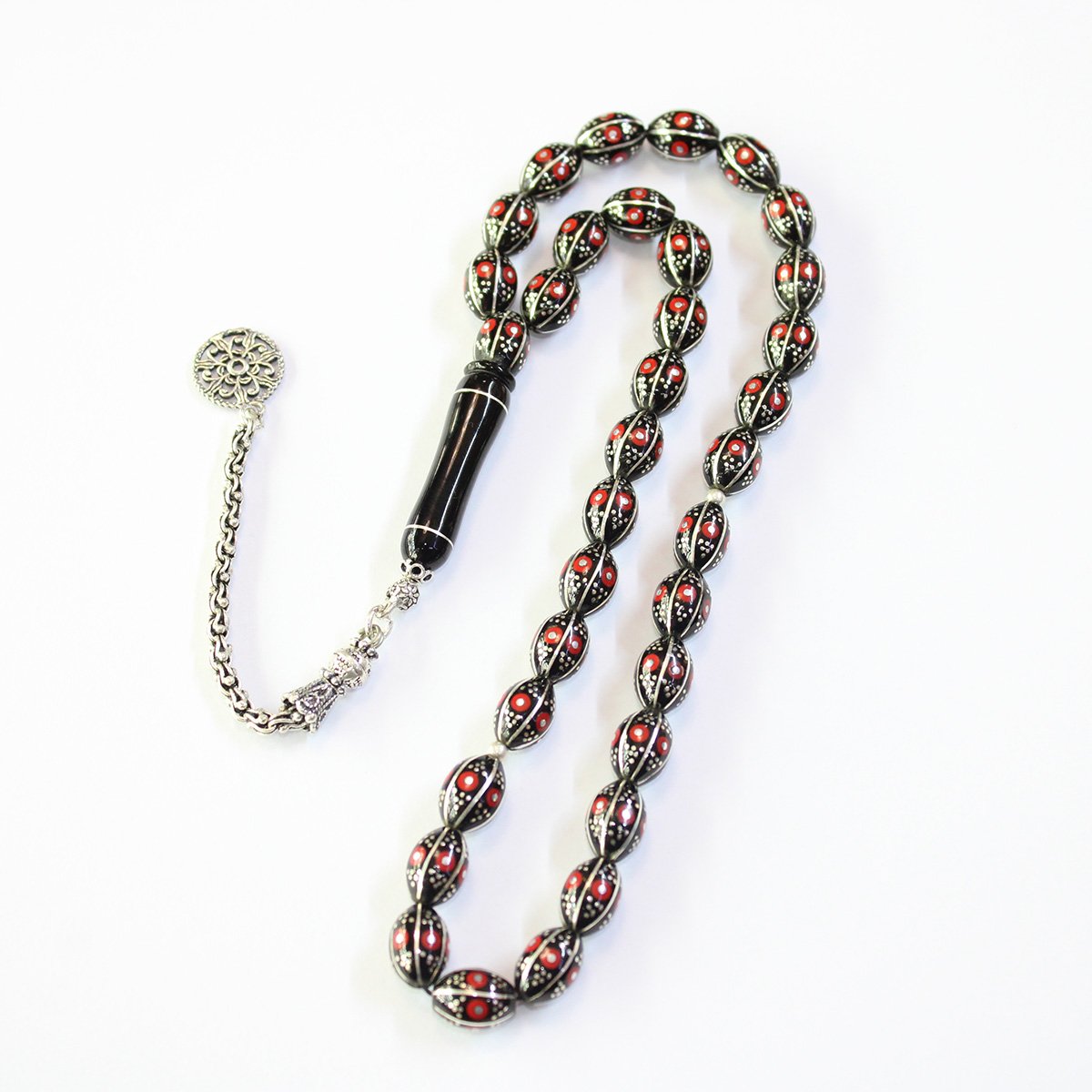 6 lı Karpuz Mercan İşlemeli Oltu Taşı Tespih 8*11,5 (mm)