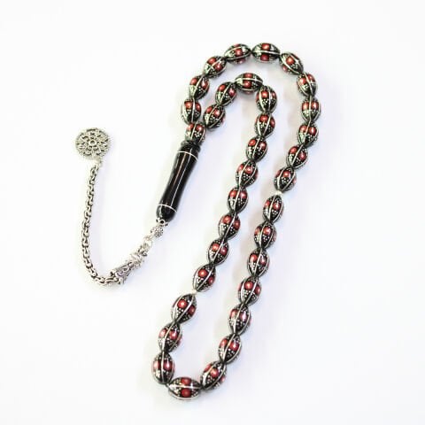 6 lı Karpuz Mercan İşlemeli Oltu Taşı Tespih 8*11,5 (mm)