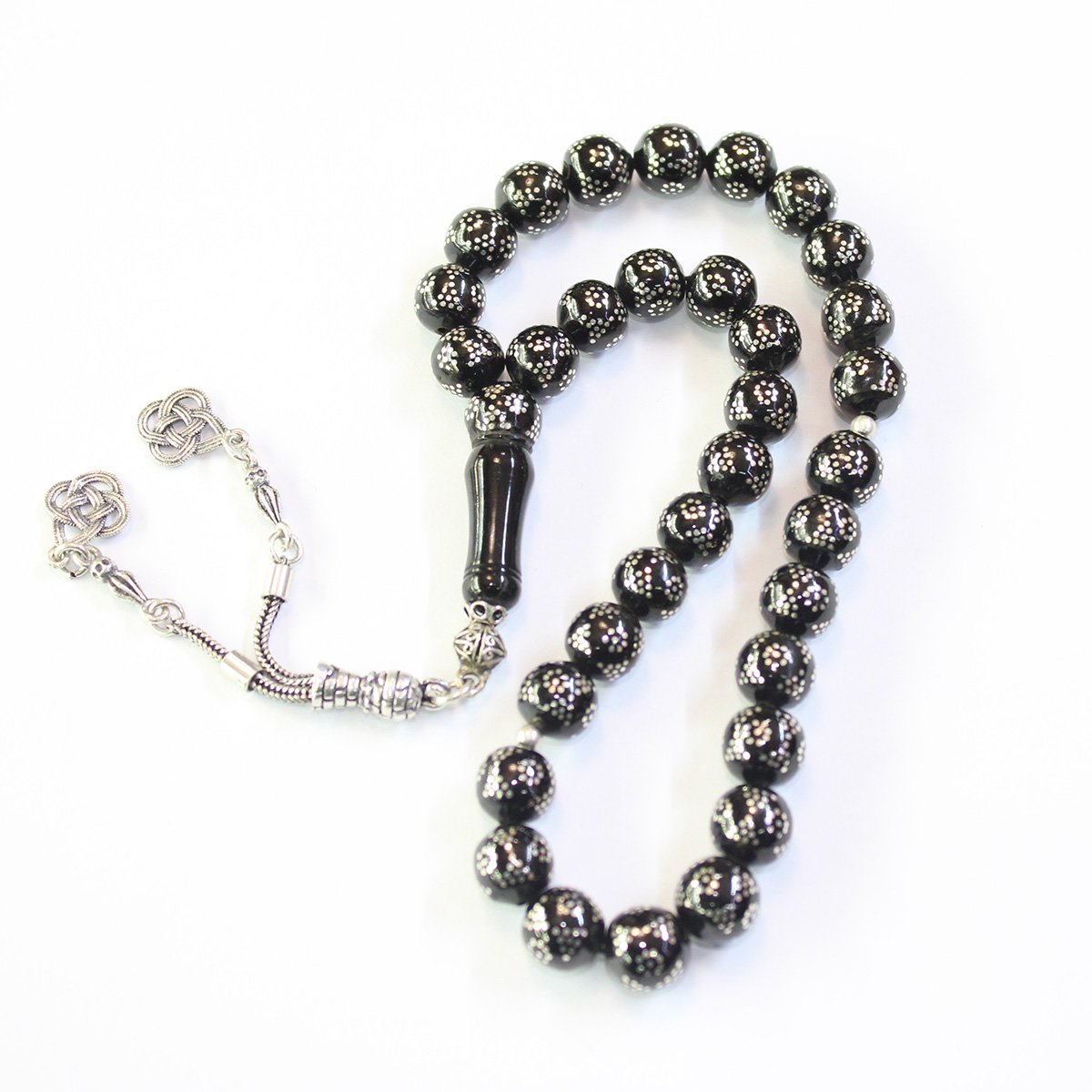 Çiftli Piramid İşlemeli Oltu Taşı Tespih 9 (mm)