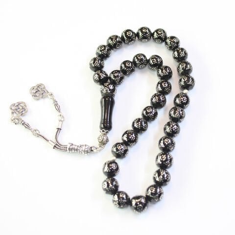 Çiftli Piramid İşlemeli Oltu Taşı Tespih 9 (mm)