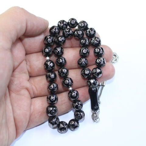 Çiftli Piramid İşlemeli Oltu Taşı Tespih 9 (mm)