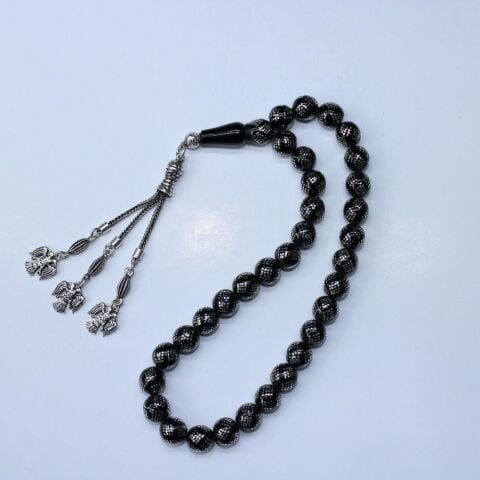 Yoğun Baklava İşlemeli Oltu Taşı Tespih 8,8 (mm)