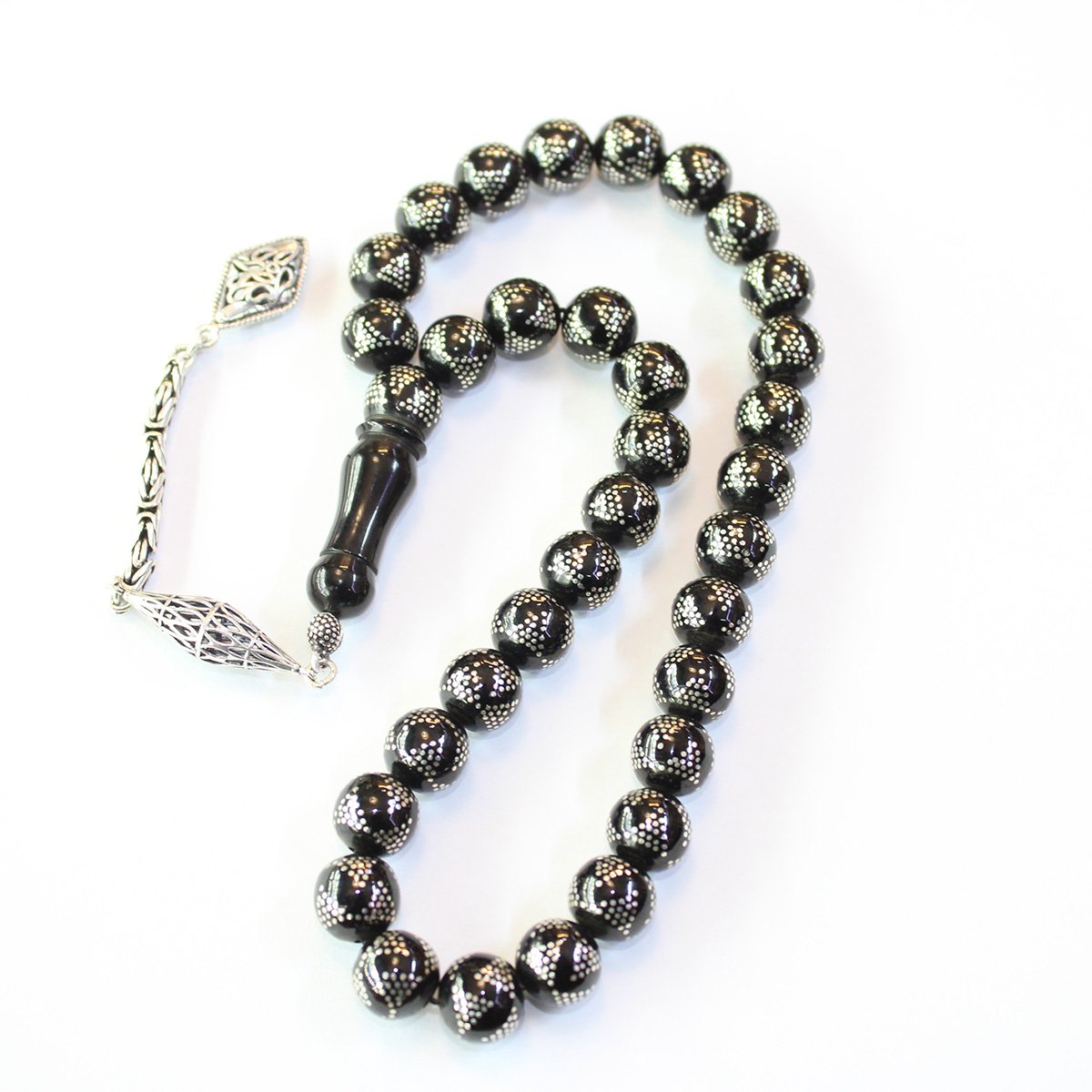 Yoğun Piramid İşlemeli Oltu Taşı Tespih 10,5 (mm)