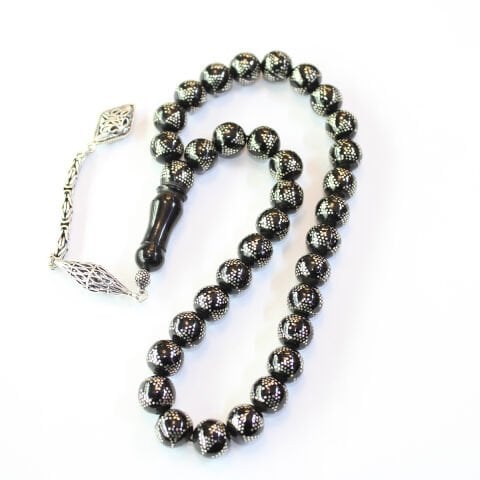 Yoğun Piramid İşlemeli Oltu Taşı Tespih 10,5 (mm)