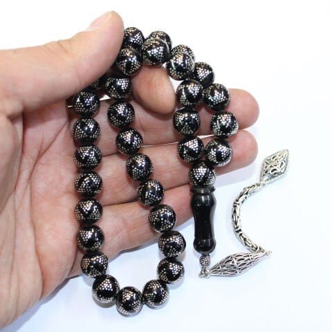 Yoğun Piramid İşlemeli Oltu Taşı Tespih 10,5 (mm)