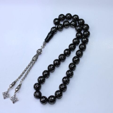 Yoğun Piramit İşlemeli Oltu Taşı Tespih 11 (mm)