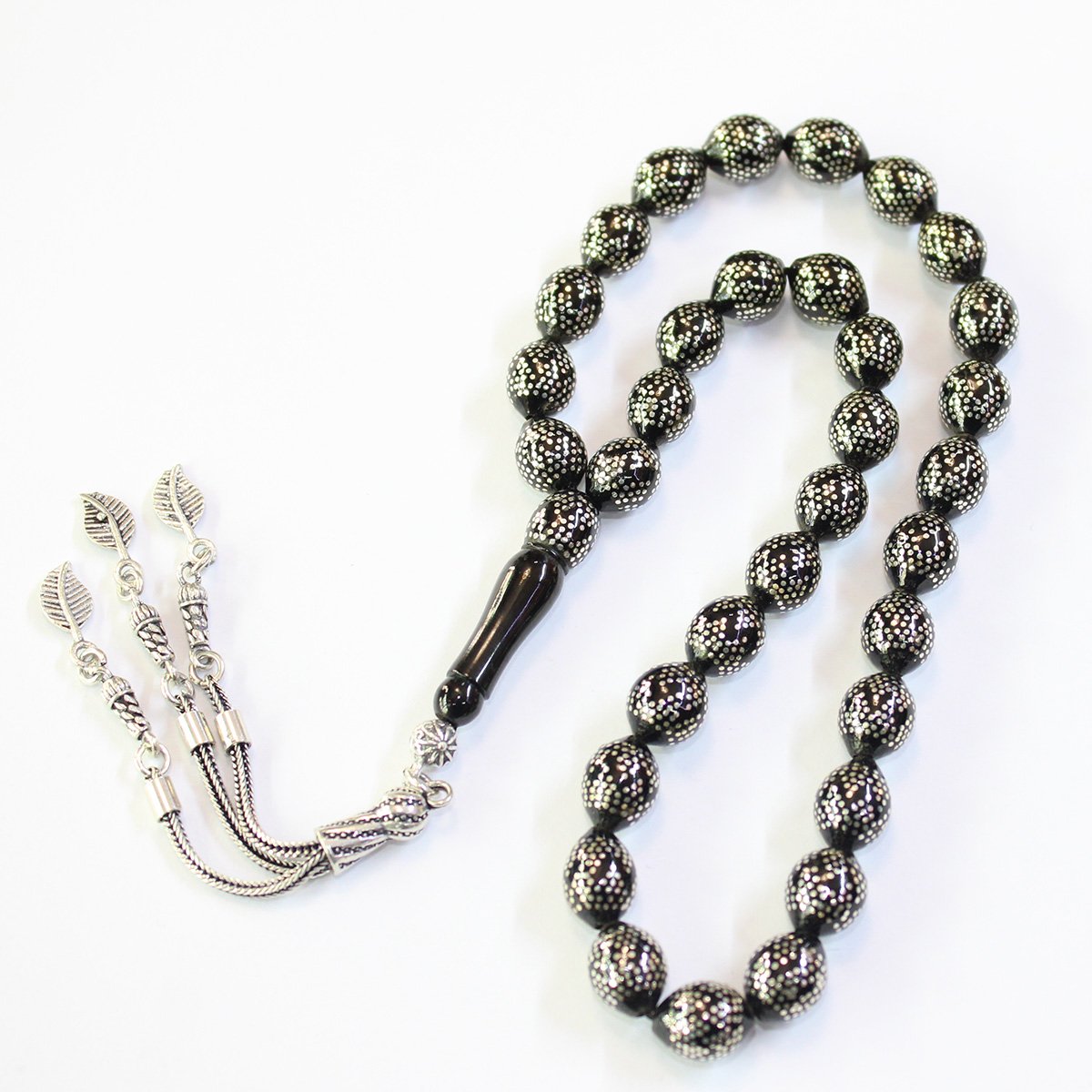 Yoğun Piramid İşlemeli Oltu Taşı Tespih 8,5*10,5 (mm)