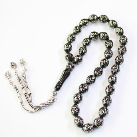 Yoğun Piramid İşlemeli Oltu Taşı Tespih 8,5*10,5 (mm)