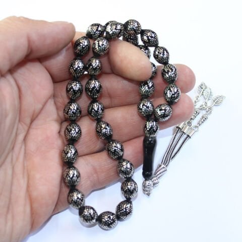 Yoğun Piramid İşlemeli Oltu Taşı Tespih 8,5*10,5 (mm)