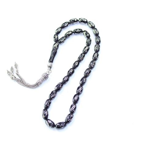 Çift Sıra Burgu Dörtlü İşlemeli Oltu Taşı Tespih 6*9 (mm)