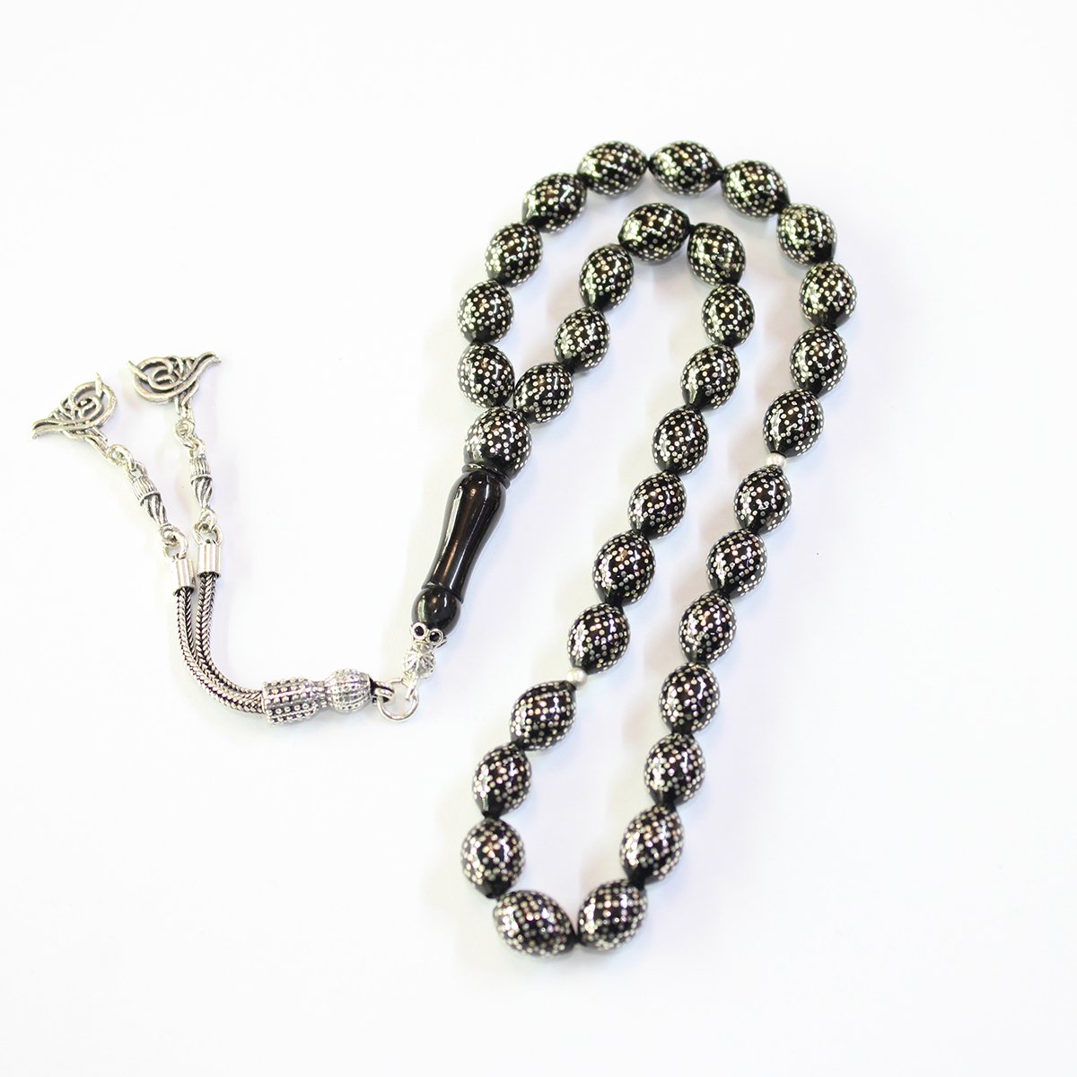 Çapraz Örgü İşlemeli Oltu Taşı Tespih 8*11 (mm)