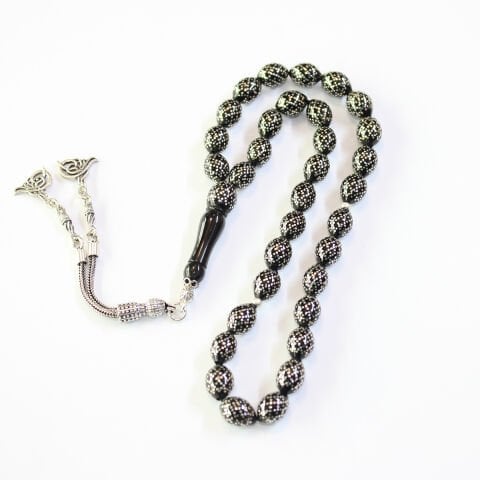 Çapraz Örgü İşlemeli Oltu Taşı Tespih 8*11 (mm)