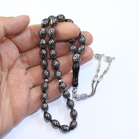 Çapraz Örgü İşlemeli Oltu Taşı Tespih 8*11 (mm)