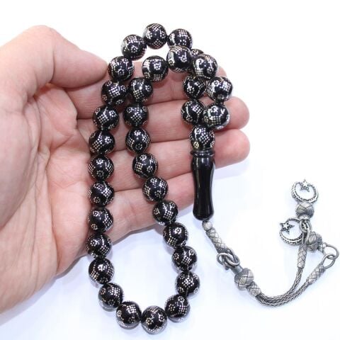 Papatya Baklava İşlemeli Oltu Taşı Tespih 11 (mm)