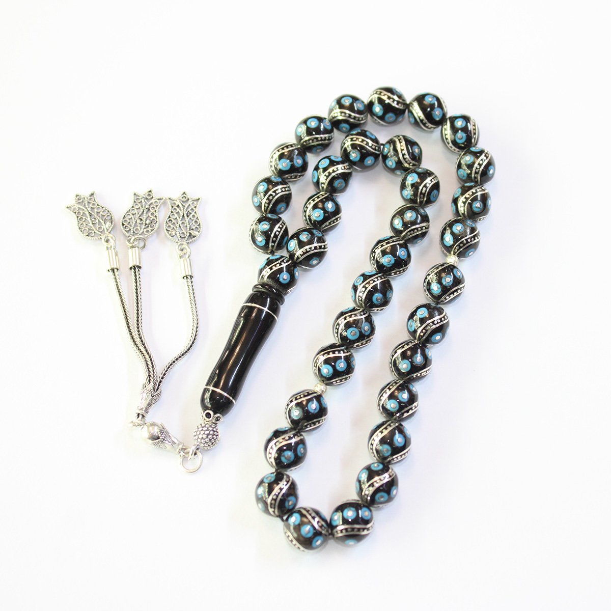 6 lı Çeşm-i Bülbül Firuze İşlemeli Oltu Taşı Tespih 9,5 (mm)