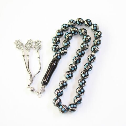 6 lı Çeşm-i Bülbül Firuze İşlemeli Oltu Taşı Tespih 9,5 (mm)