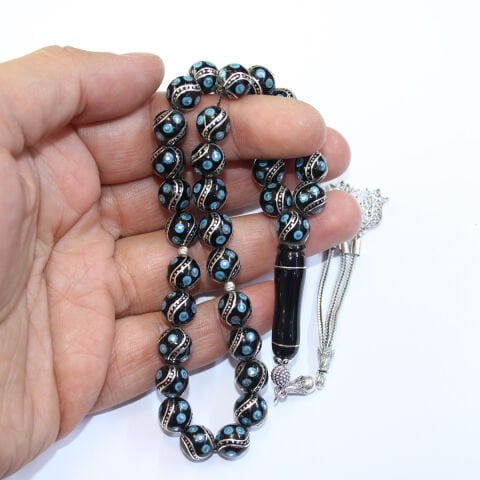 6 lı Çeşm-i Bülbül Firuze İşlemeli Oltu Taşı Tespih 9,5 (mm)