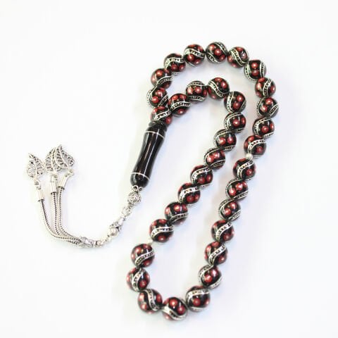 6 lı Çeşm-i Bülbül Mercan İşlemeli Oltu Taşı Tespih 9,5 (mm)