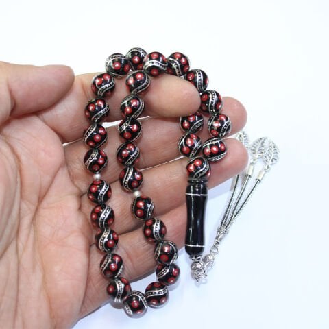 6 lı Çeşm-i Bülbül Mercan İşlemeli Oltu Taşı Tespih 9,5 (mm)