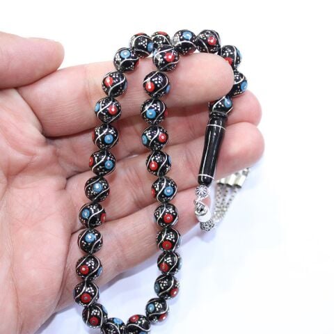 4 lü Çeşm-i Bülbül Mercan Firuze İşlemeli Oltu Taşı Tespih 8,5 (mm)