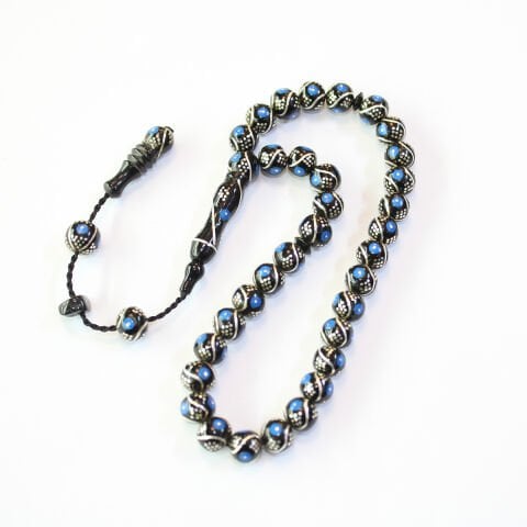 3 lü Çeşm-i Bülbül Firuze İşlemeli Oltu Taşı Tespih 8 (mm)