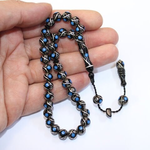 3 lü Çeşm-i Bülbül Firuze İşlemeli Oltu Taşı Tespih 8 (mm)