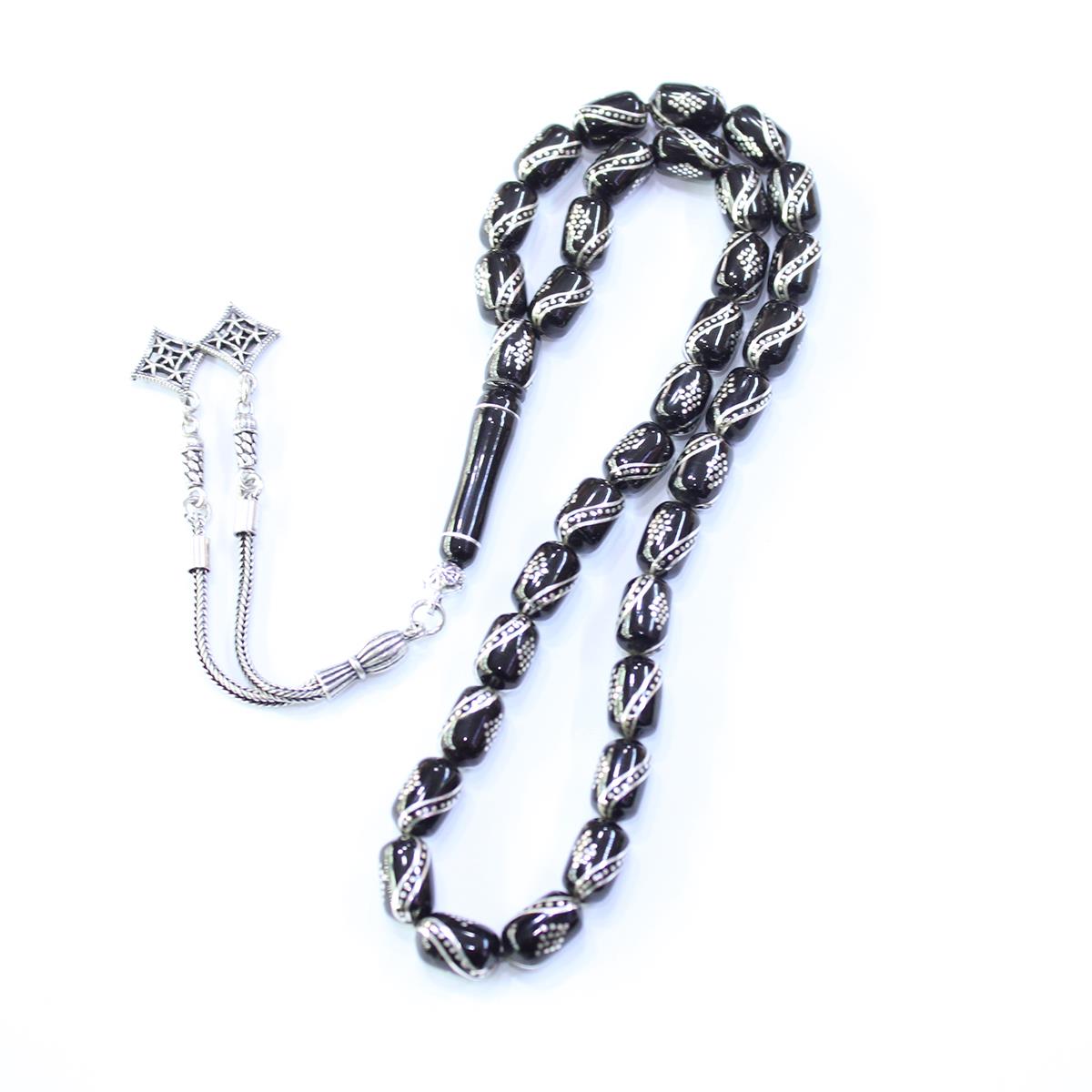 4 lü Çeşm-i Bülbül İşlemeli Oltu Taşı Tespih 7*10,5 (mm)