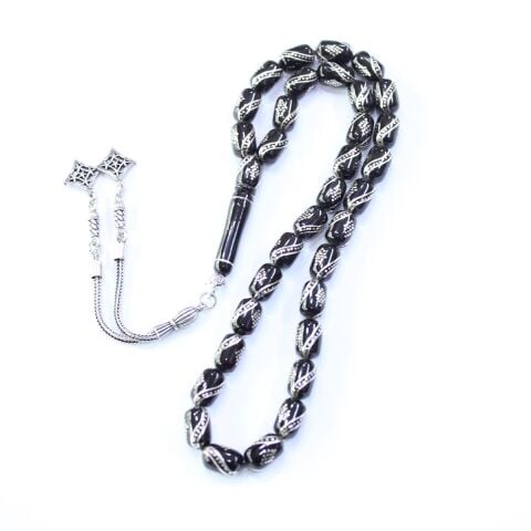 4 lü Çeşm-i Bülbül İşlemeli Oltu Taşı Tespih 7*10,5 (mm)