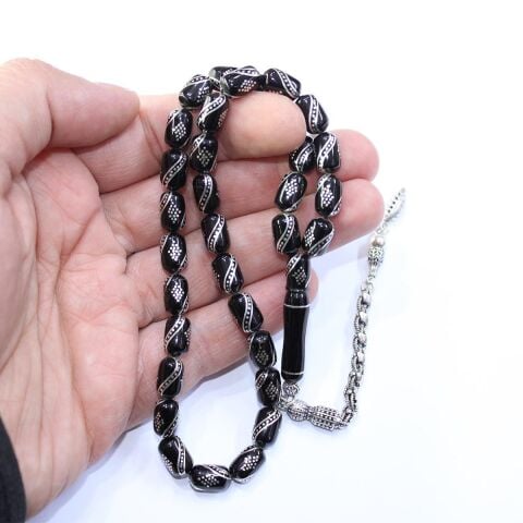 4 lü Çeşm-i Bülbül İşlemeli Oltu Taşı Tespih 7*10,5 (mm)