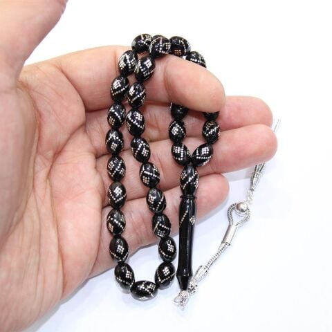 V Baklava İşlemeli Oltu Taşı Tespih 7*10 (mm)