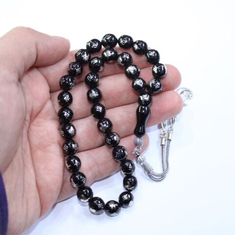 Tuğra İşlemeli Oltu Taşı Tespih 9 (mm)