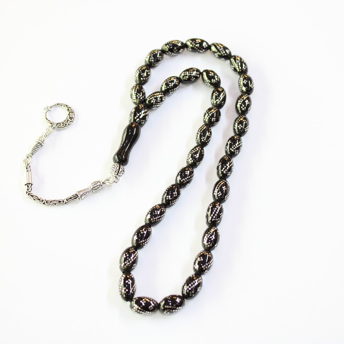 Çift Sıra Burgu Dörtlü İşlemeli Oltu Taşı Tespih 6,5*10,5 (mm)