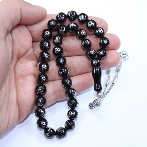 Tuğra & Üç Hilal İşlemeli Oltu Taşı Tespih 9 (mm)