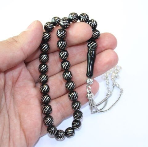 Çoklu Burgu İşleme Oltu Taşı Tespih 8 (mm)