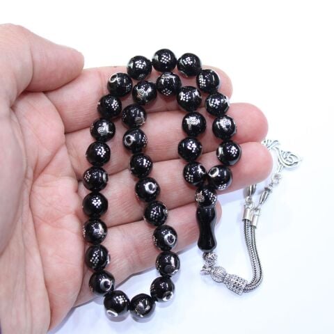 Tuğra & Ay Yıldız İşlemeli Oltu Taşı Tespih 9 (mm)