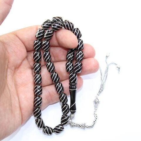 Çeşm-i Bülbül İşlemeli Kapsül Oltu Taşı Tespih 7,5*10,5 (mm)