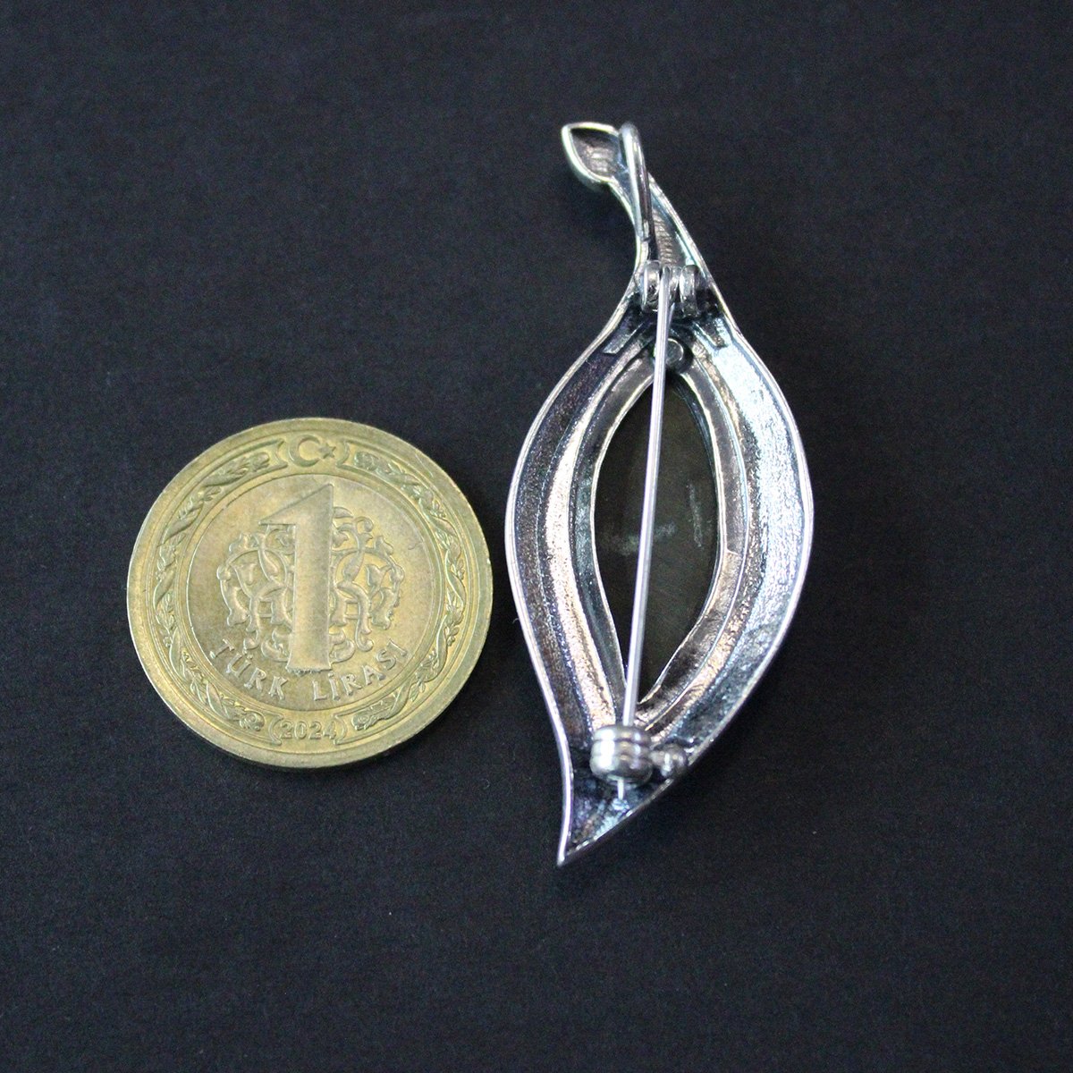 Oltu Taşlı Markazit Gümüş Broş-11