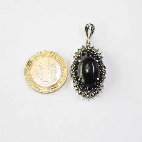 Markazit Oltu Taşlı Gümüş Kolye - 10