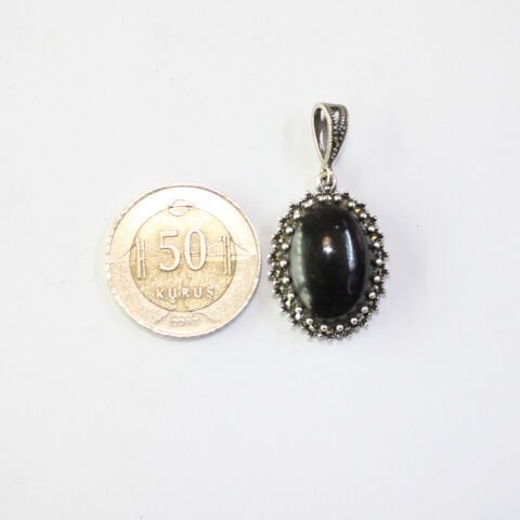 Markazit Oltu Taşlı Gümüş Kolye - 11